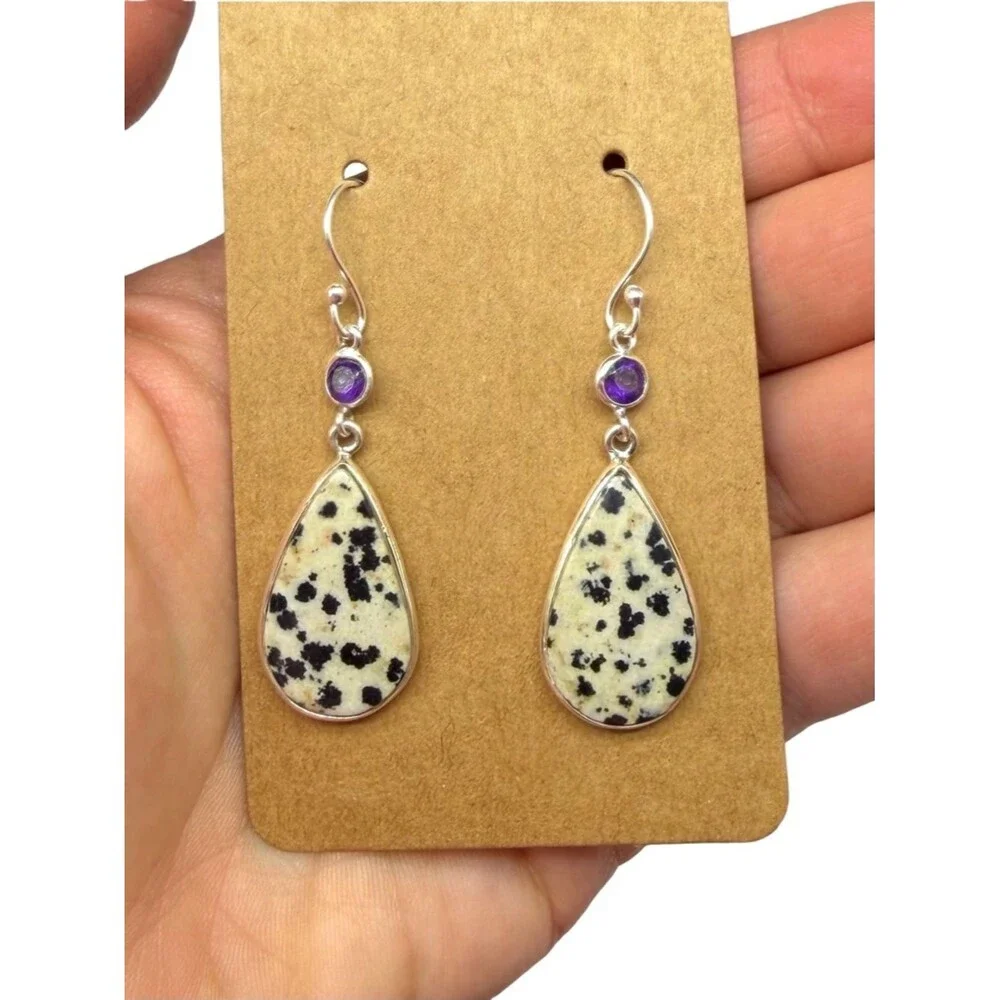 Dalmatian Jasper Amethyst Earrings Solid 925 Sterling Silver